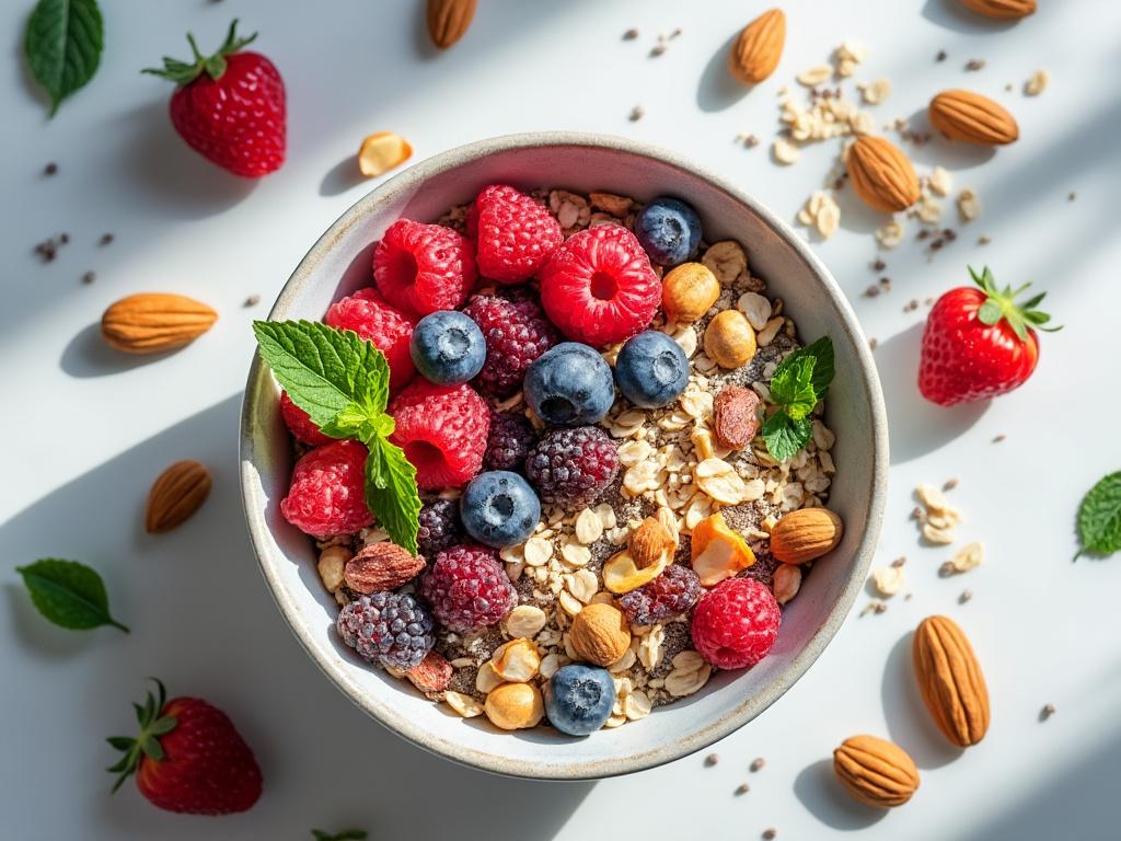 Petit-déjeuner sain avec fruits et noix.